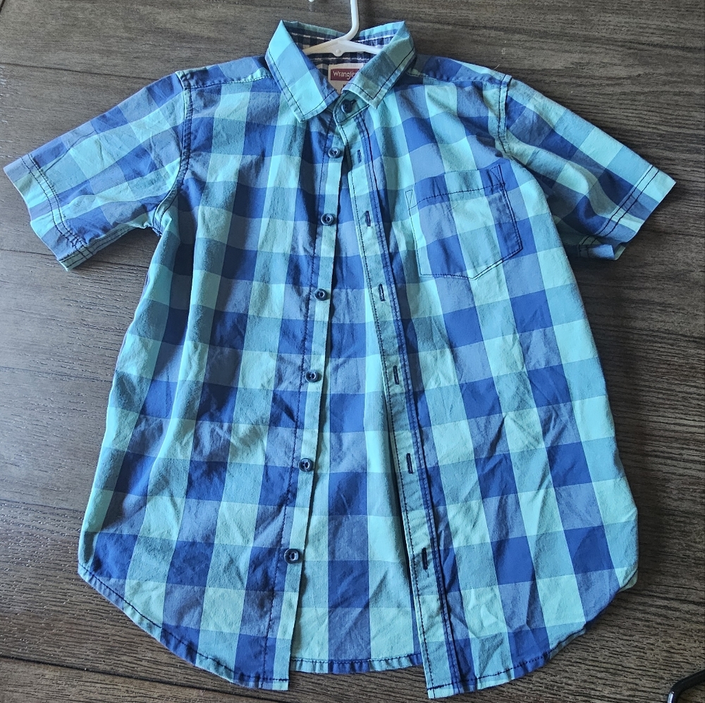 Boys Wrangler Teal and Navy Checkered Button Up Shirt